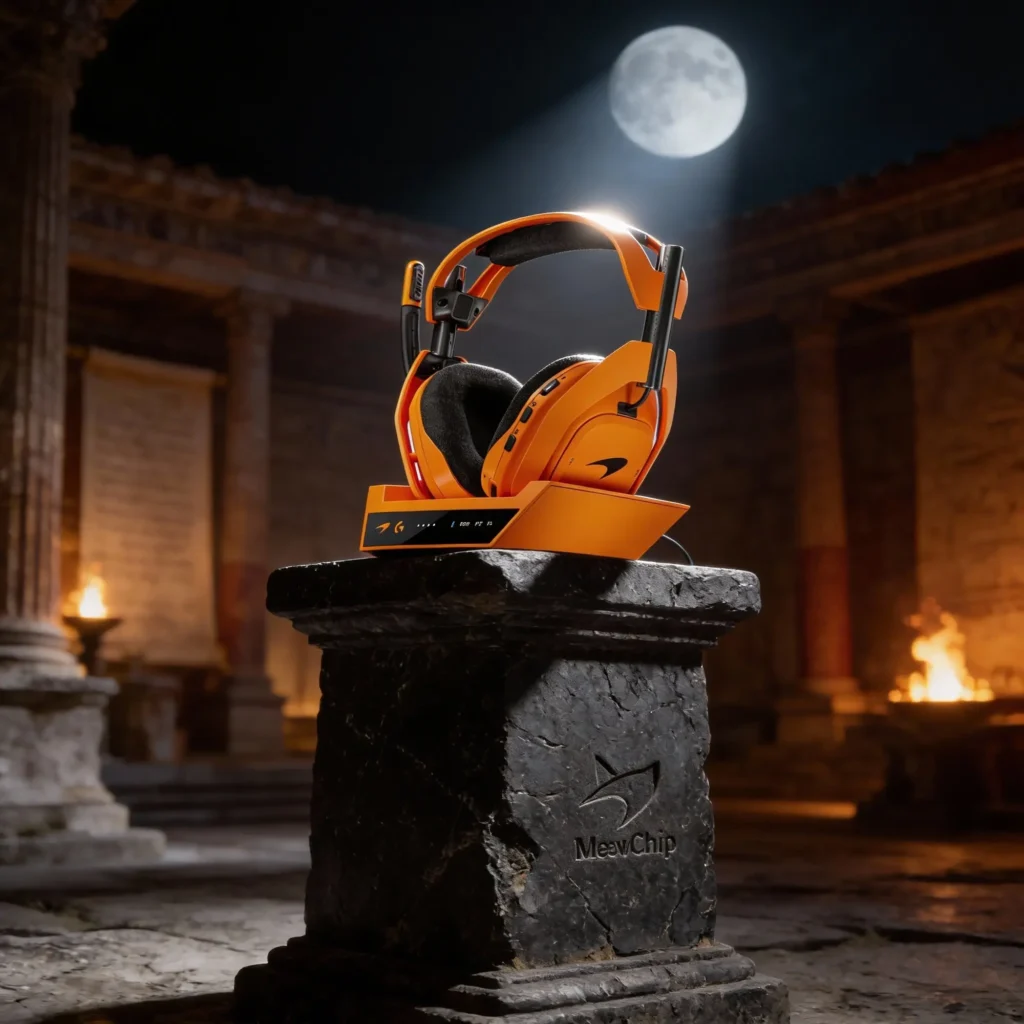 Casque gaming Astro A50 X et sa station PLAYSYNC HDMI 2.1 posés sur un socle en pierre antique dans une villa romaine, illustrant le hub multi-plateforme.