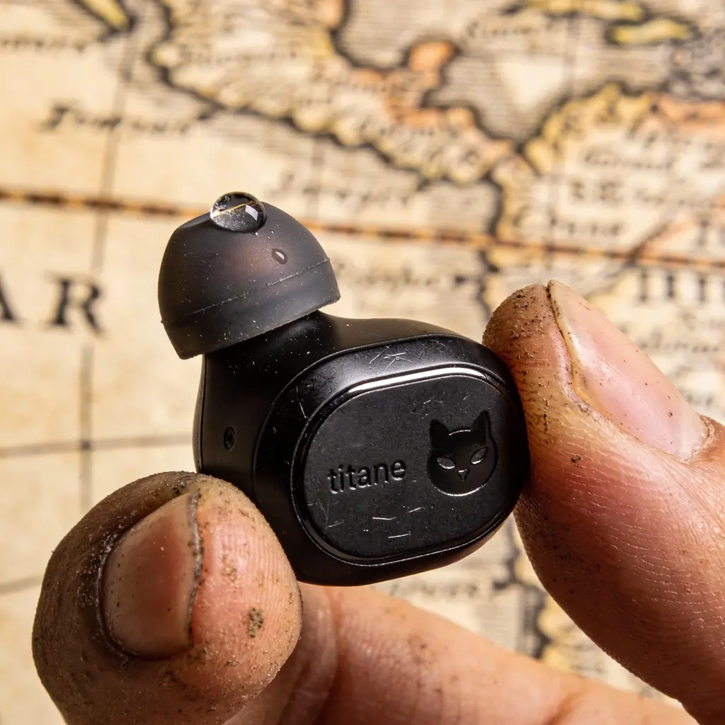 Tes écouteurs tombent en cardio ? Le geste à 0€ pour les verrouiller instantanément 1 Détail macro d'un embout d'écouteur sport et goutte de sueur - Texture technologique antique - Style Romano-Tech MeowChip.