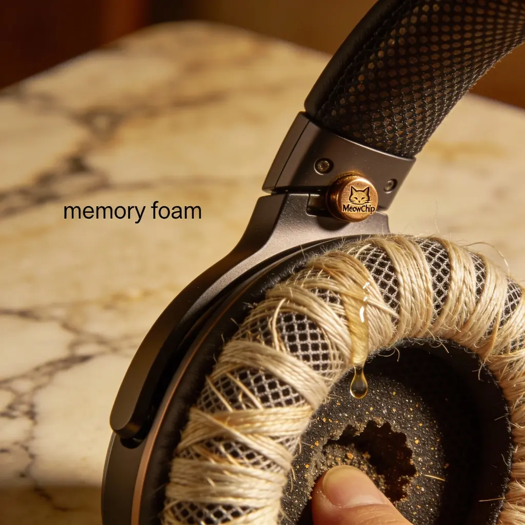 Casque grande tête : ce n'est pas l'arceau qui compresse ton crâne, voici le vrai coupable 1 Coussinets mémoire de forme - Texture respirante mesh - Style Romano-Tech MeowChip.