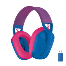 1703-logitech-g435-lightspeed-auriculares-gaming-inalambricos-azules Casque gaming sans fil Logitech G435 bleu et framboise, vue de profil.