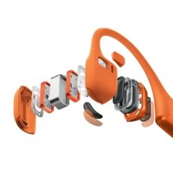 3160-shokz-openrun-pro-2-auriculares-inalambricos-deportivos-de-conduccion-osea-ip55-naranja-mejor-precio Gros plan sur l'arceau en titane et silicone du Shokz OpenRun Pro 2.