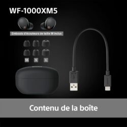 Contenu de la boîte Sony WF-1000XM5 incluant les différentes tailles d'embouts.