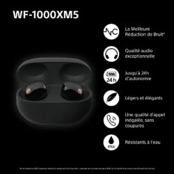 Écouteurs Sony WF-1000XM5 disposés à côté de leur étui de transport.