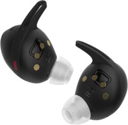 51niiXeNK2L._AC_SL1280_ Écouteurs Sennheiser Momentum Sport noirs avec capteurs biométriques visibles.