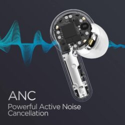 Boîtier de charge compact des Amazfit PowerBuds Pro avec témoin LED.
