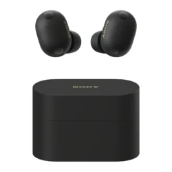 Écouteurs True Wireless Sony WF-1000XM6 noirs avec boîtier de charge.