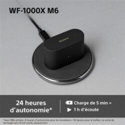 Boîtier de charge compact Sony WF-1000XM6 compatible Qi sans fil.