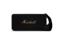 Enceinte-sans-fil-Marshall-Middleton-Noir Vue arrière de la Marshall Middleton avec le port USB-C et l'entrée Jack.