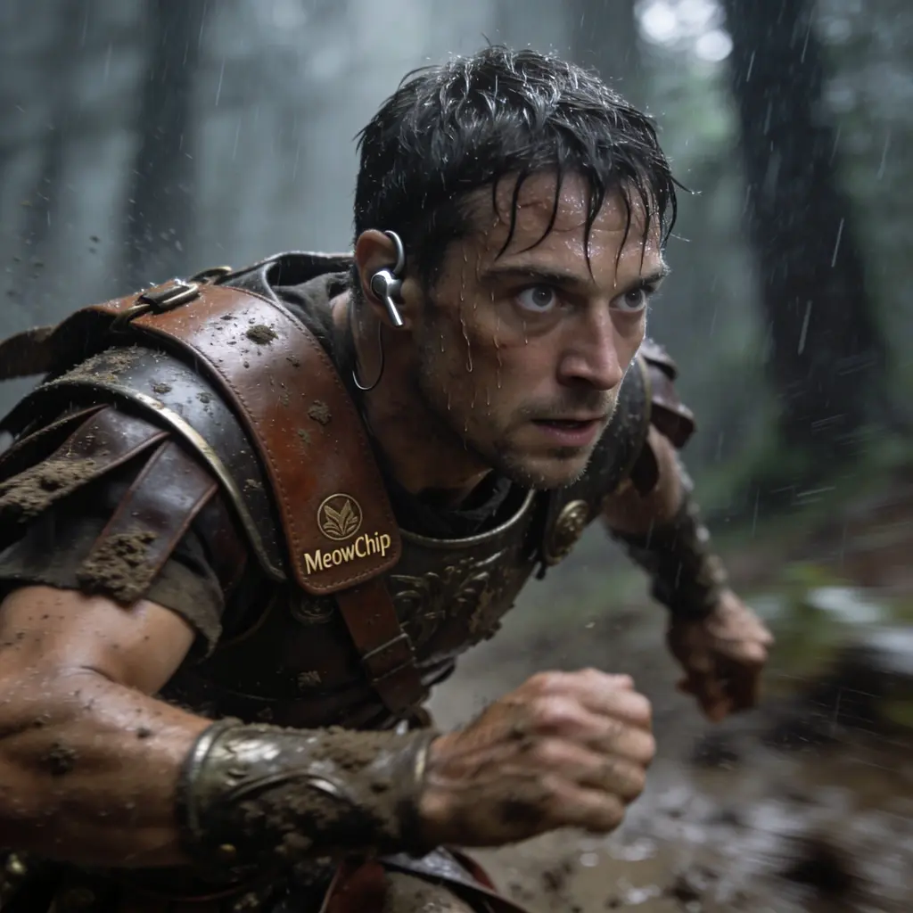 Soldat romain courant sous la pluie avec des écouteurs open-ear pour la sécurité en trail.