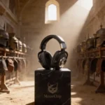 Le SteelSeries Arctis Nova 7 trône sur un socle de marbre dans une armurerie romaine, dominant les autres équipements de l'arène.