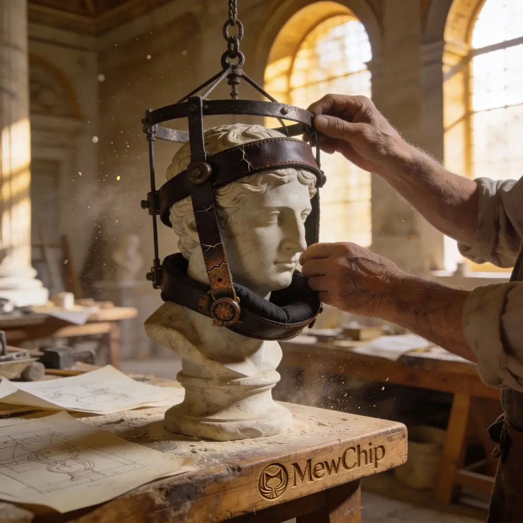 Casque PS5 Xbox : les champions du milieu de gamme 1 Ingénieur romain ajustant l'ergonomie d'un casque de combat sur un buste en pierre dans un atelier antique.