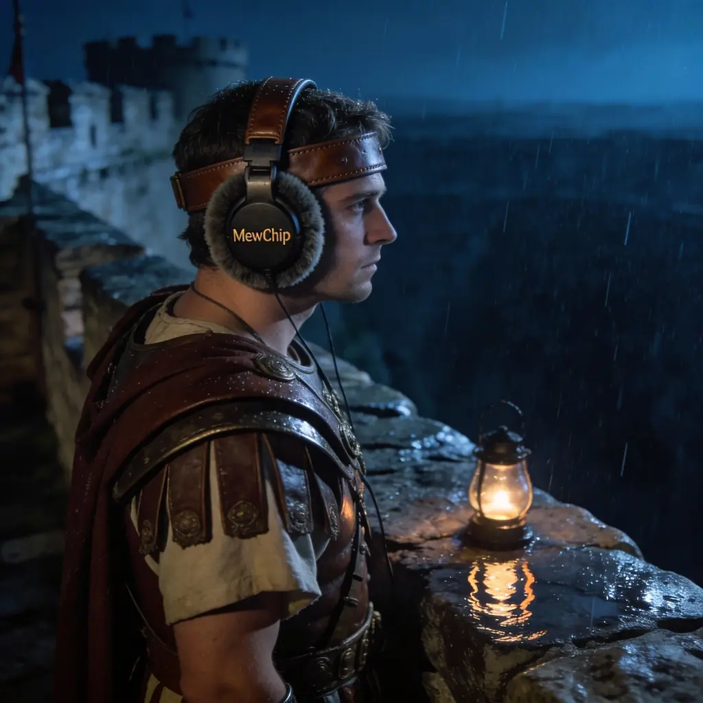 Casque PS5 Xbox : les champions du milieu de gamme 23 Sentinelle romaine montant la garde sous la pluie avec un casque de cuir robuste conçu pour l'endurance nocturne.