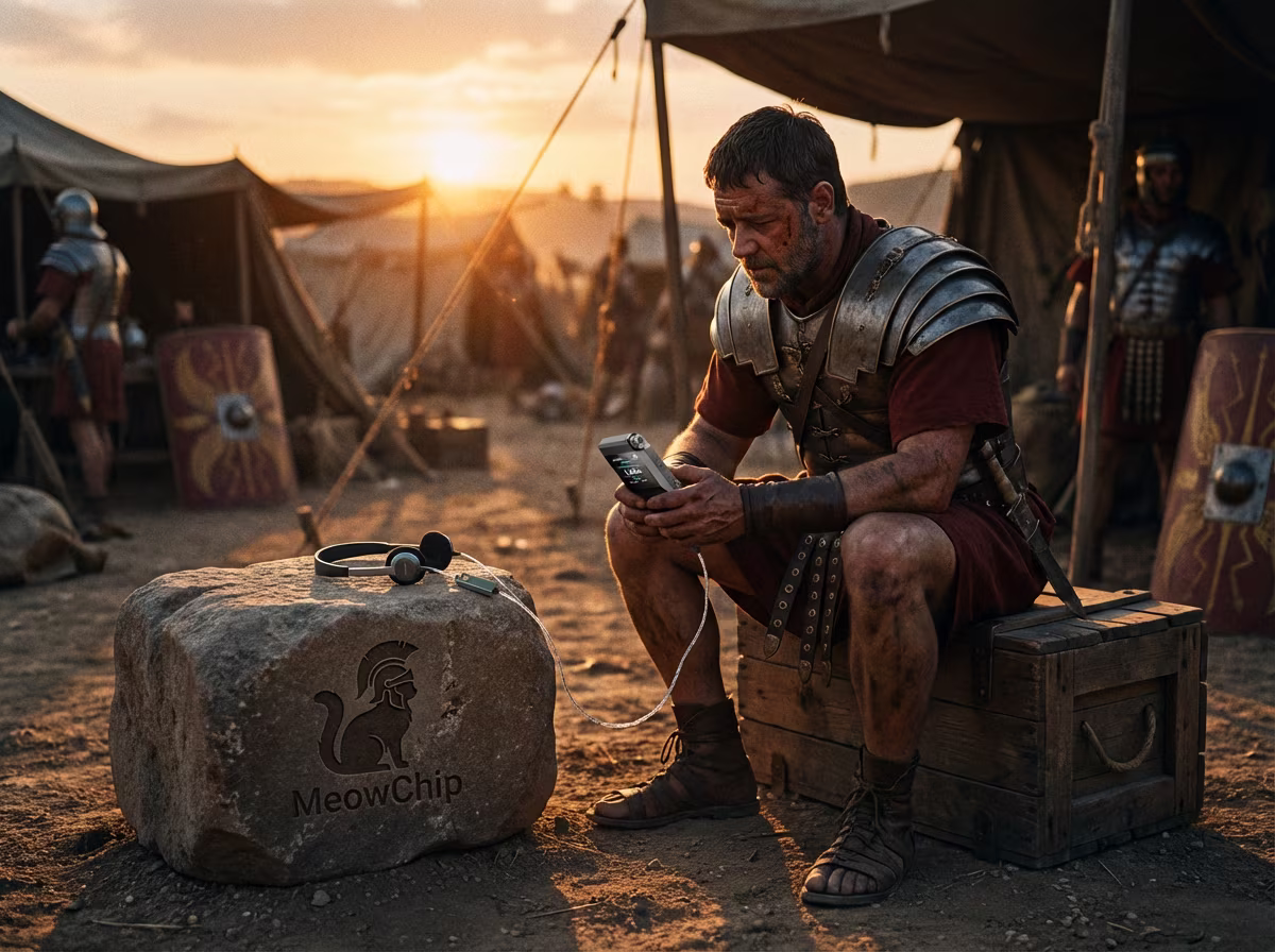 Un légionnaire romain dans un camp au crépuscule, tenant un smartphone connecté à un casque, illustrant la frustration de l'écoute bridée.