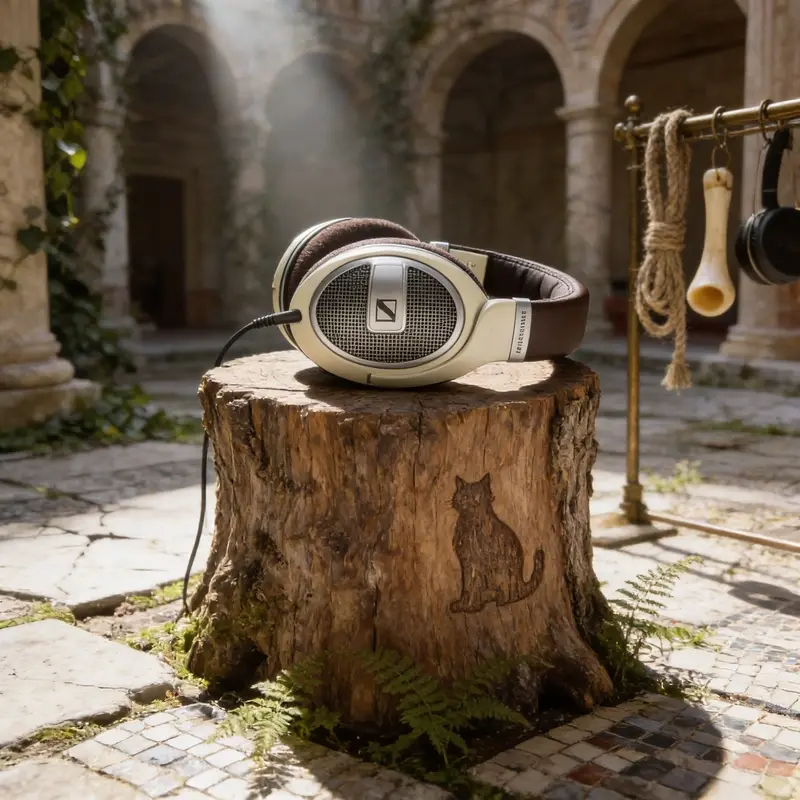 Casque Sennheiser HD 600 sur socle en bois de cèdre dans une villa romaine végétalisée MeowChip.