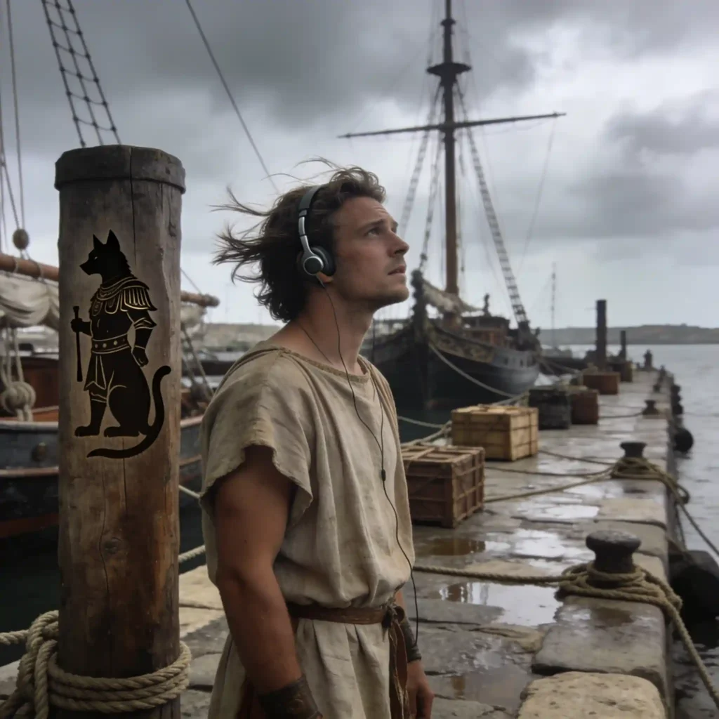 Un ingénieur romain portant un dispositif auditif écoute attentivement les sons du port antique.