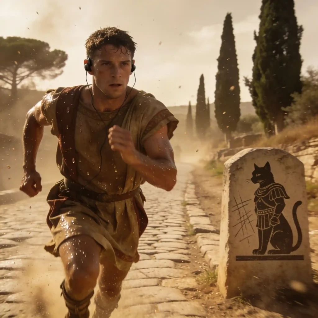 Un courrier romain en pleine course sur une voie antique, un dispositif auditif stablement accroché derrière l'oreille malgré l'effort.