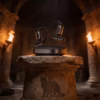 Les écouteurs Shokz OpenFit Pro posés sur un socle de pierre antique, éclairés par une torche dans une crypte romaine.