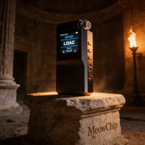 Le FiiO BTR17, un DAC/amplificateur portable, mis en valeur sur un socle de pierre dans une ambiance dramatique de crypte romaine.