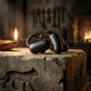 Un écouteur Soundcore AeroFit 2 posé sur un socle de pierre dans un atelier romain antique, éclairé par une lampe à huile.