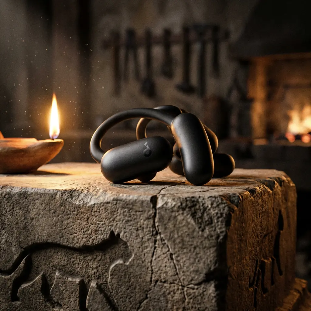 Un écouteur Soundcore AeroFit 2 posé sur un socle de pierre dans un atelier romain antique, éclairé par une lampe à huile.