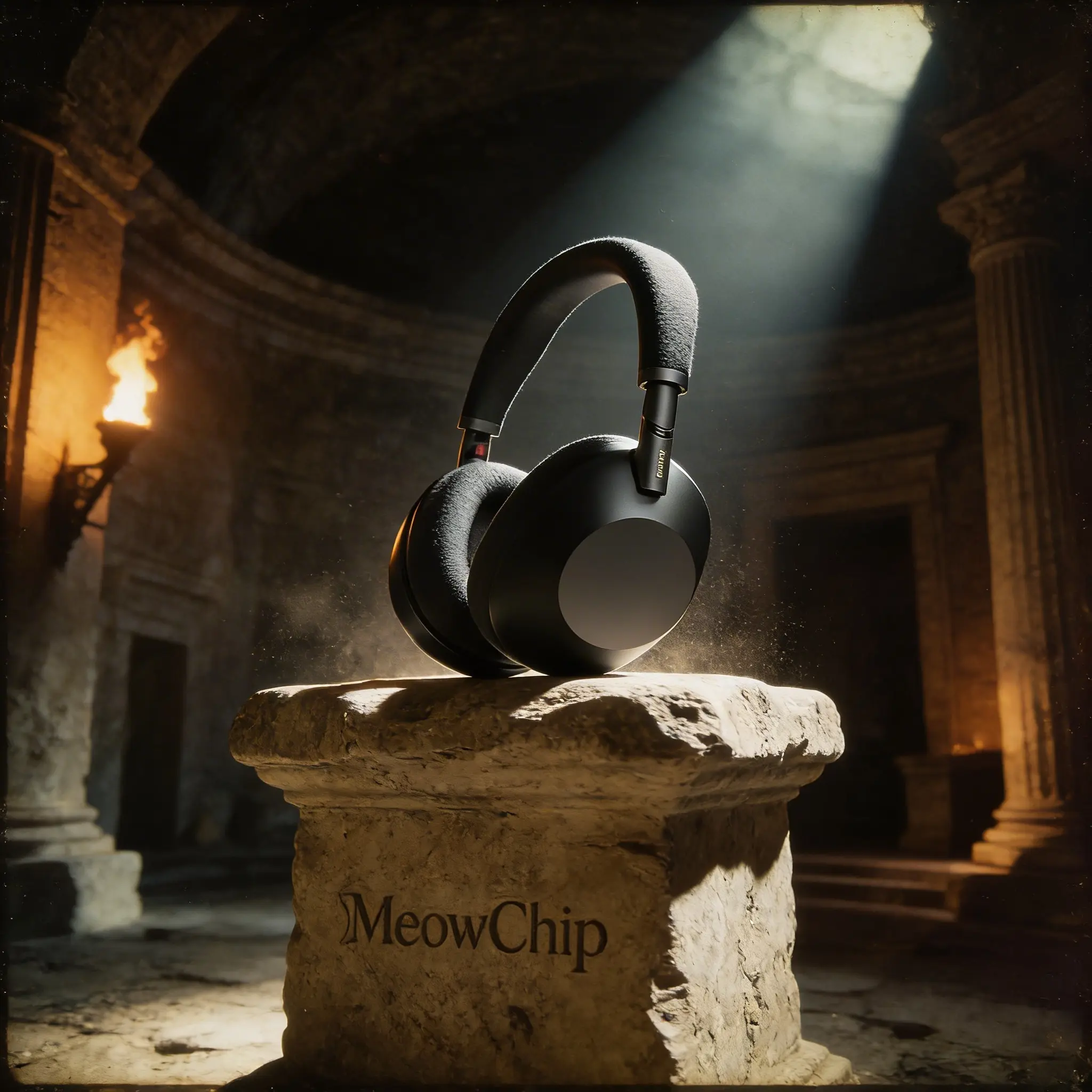 Le casque Sony WH-1000XM6, présenté comme un artefact technologique sur un socle de pierre dans une crypte romaine.