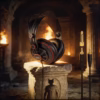 Gros plan dramatique du casque Superlux HD 681, éclairé à la torche sur un socle de pierre dans une crypte romaine.