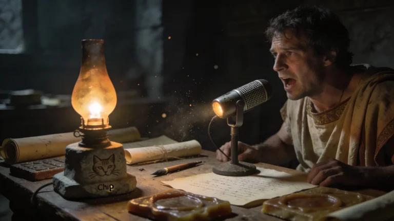 Un scribe romain fatigué parle dans un microphone moderne dans un scriptorium antique sombre et poussiéreux.