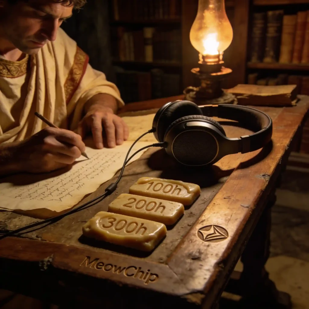 Sony WH-1000XM6 : le casque qui réinvente l'audio spatial sans vider ta batterie en 10h ? 6 Un scribe travaille de nuit avec un casque à ses côtés, évoquant une longue autonomie de batterie.