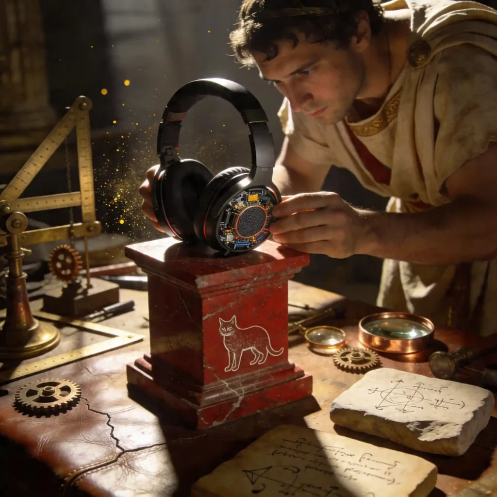 Un casque gaming sans fil avec transducteurs en graphène exposés sur un socle de granit dans un atelier romain d'ingénierie, entouré d'instruments de mesure en bronze.