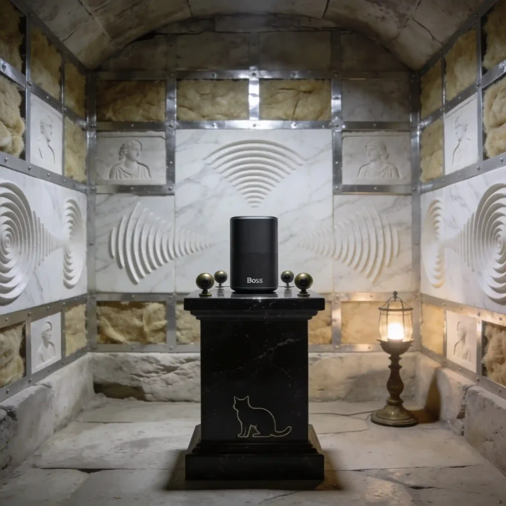 Chambre d'isolation romaine souterraine avec le casque Bose QuietComfort Ultra 2 sur un socle de pierre noire, microphones en bronze, ondes sonores figées en relief, silhouette de chat sibérien gravée.
