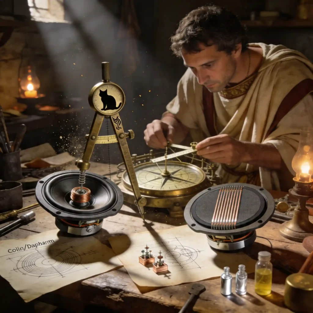 Driver planar ou dynamique : quel casque choisir en 2026 ? 1 Ingénieur romain examinant deux drivers avec compas de bronze dans un atelier encombré, lumière rasante, poussière de métal, chat sibérien gravé sur le compas.
