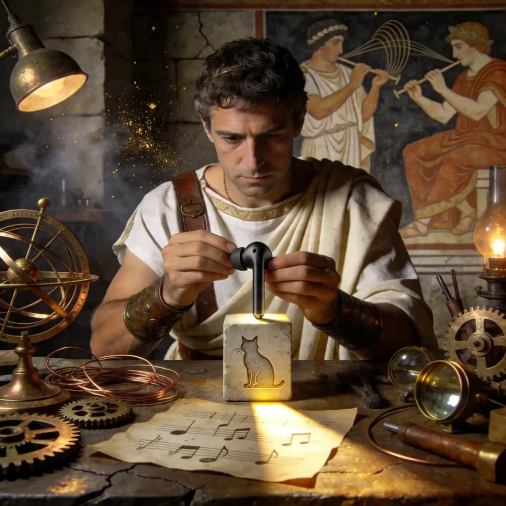 Écouteur bluetooth pas cher : top 3 à moins de 50€ en 2026 1 Ingénieur romain examinant un écouteur sur établi de bronze avec instruments de mesure antiques, lumière rasante, grain 35mm