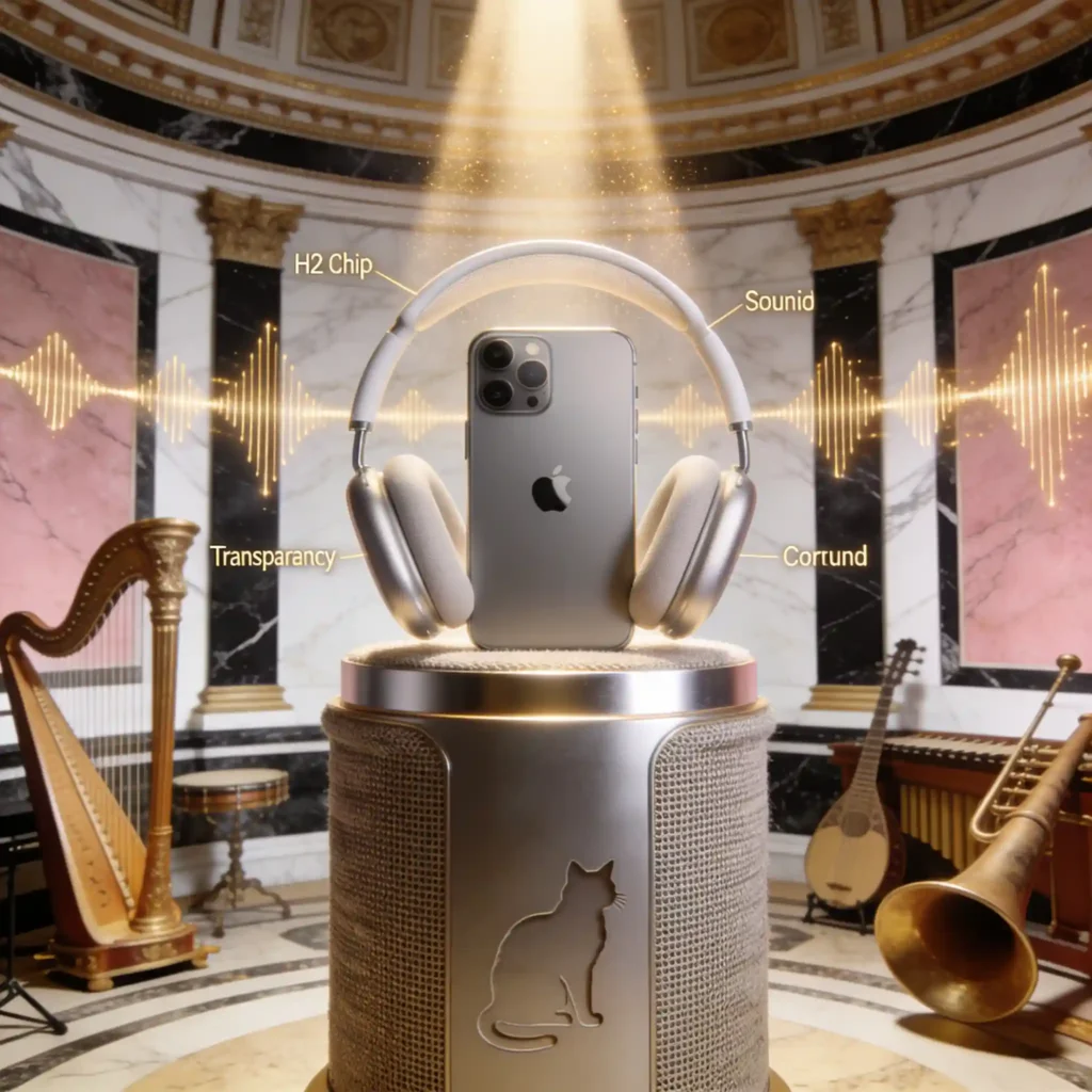 Salle de concert romaine de luxe avec le casque Apple AirPods Max 2 sur un socle d'aluminium et tissu mesh, instruments romains, faisceaux de lumière dorée, silhouette de chat sibérien gravée.