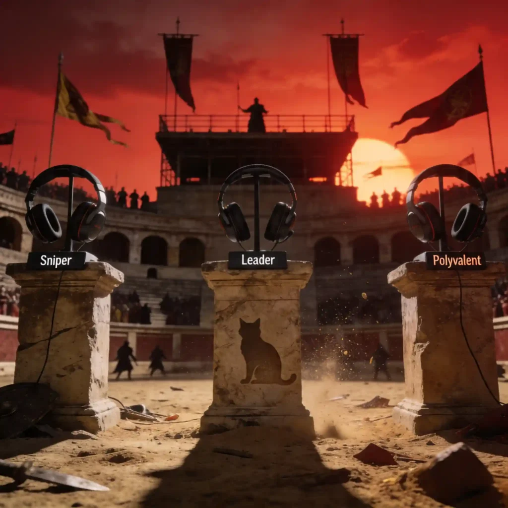 Trois casques gaming sans fil sur socles de pierre calcaire dans une arène romaine en ruines au coucher de soleil, symbolisant les trois profils tactiques finaux.