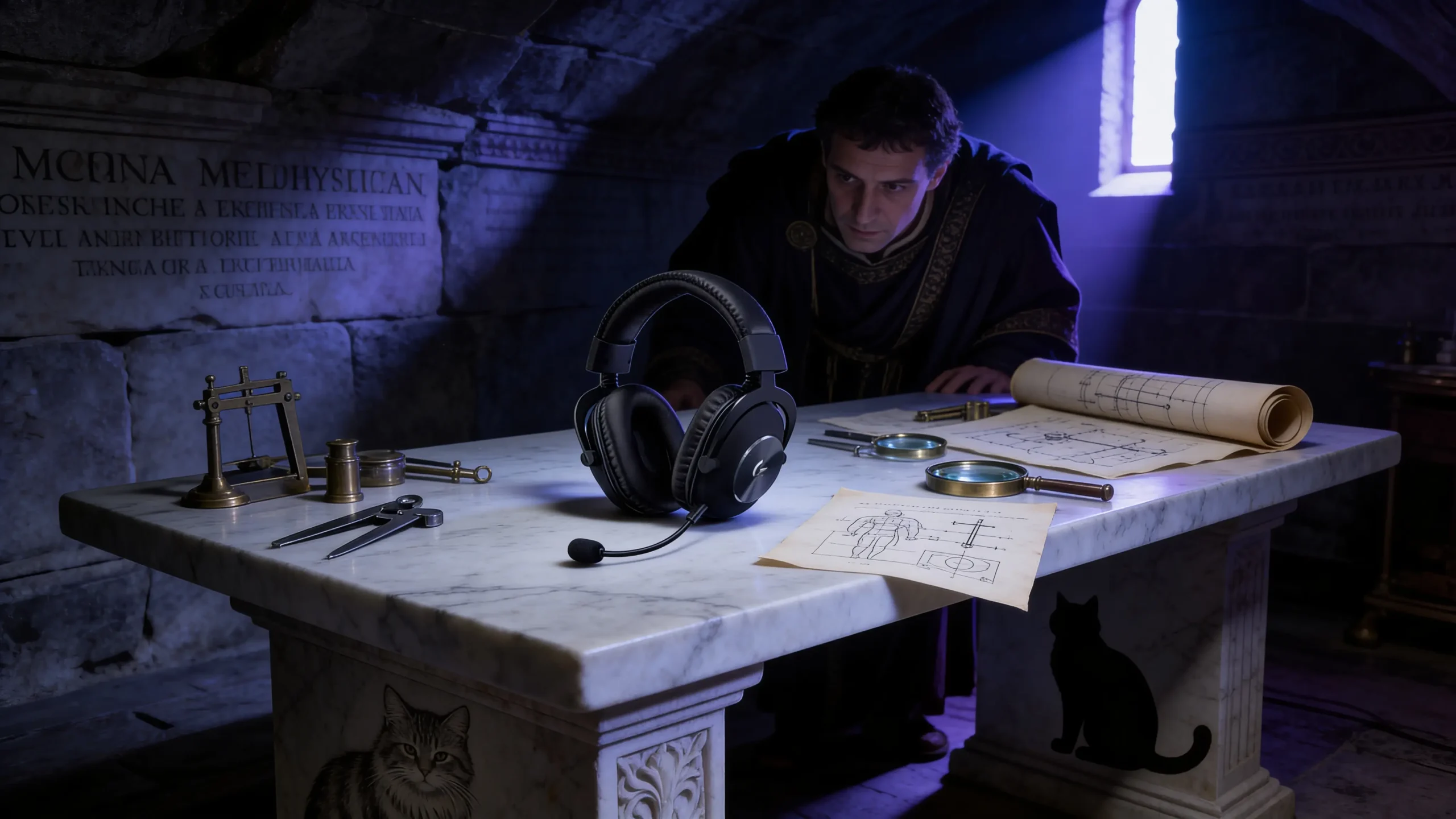 Table d'examen clinique romaine avec casque gamer posé comme patient, outils de diagnostic en bronze, lumière bleu-violet froide, médecin-ingénieur en toge sombre penché sur l'artefact
