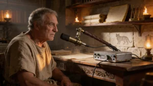 Ingénieur audio romain dans un scriptorium antique, micro XLR professionnel sur bras articulé positionné à 15cm, interface audio en bronze oxydé, éclairage dramatique aux torches, silhouette discrète de chat sibérien gravée dans la pierre