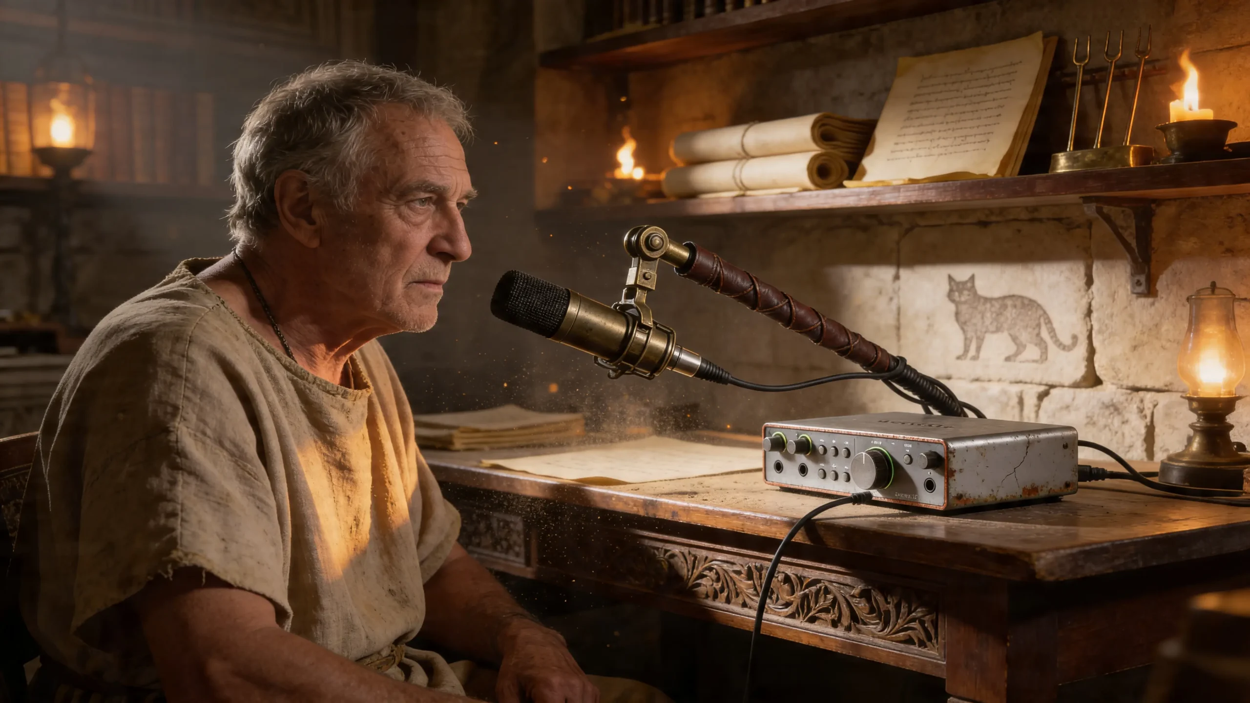 Ingénieur audio romain dans un scriptorium antique, micro XLR professionnel sur bras articulé positionné à 15cm, interface audio en bronze oxydé, éclairage dramatique aux torches, silhouette discrète de chat sibérien gravée dans la pierre