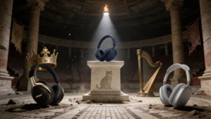 Chambre d'isolation romaine souterraine avec le casque Bose QuietComfort Ultra 2 sur un socle de pierre noire, microphones en bronze, ondes sonores figées en relief, silhouette de chat sibérien gravée.
