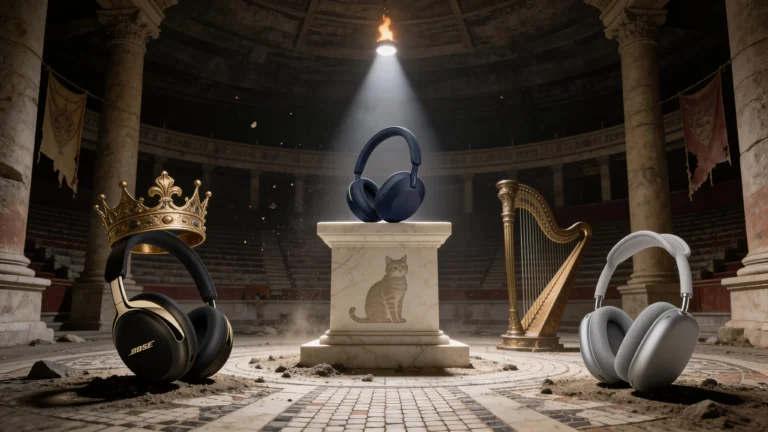 Chambre d'isolation romaine souterraine avec le casque Bose QuietComfort Ultra 2 sur un socle de pierre noire, microphones en bronze, ondes sonores figées en relief, silhouette de chat sibérien gravée.