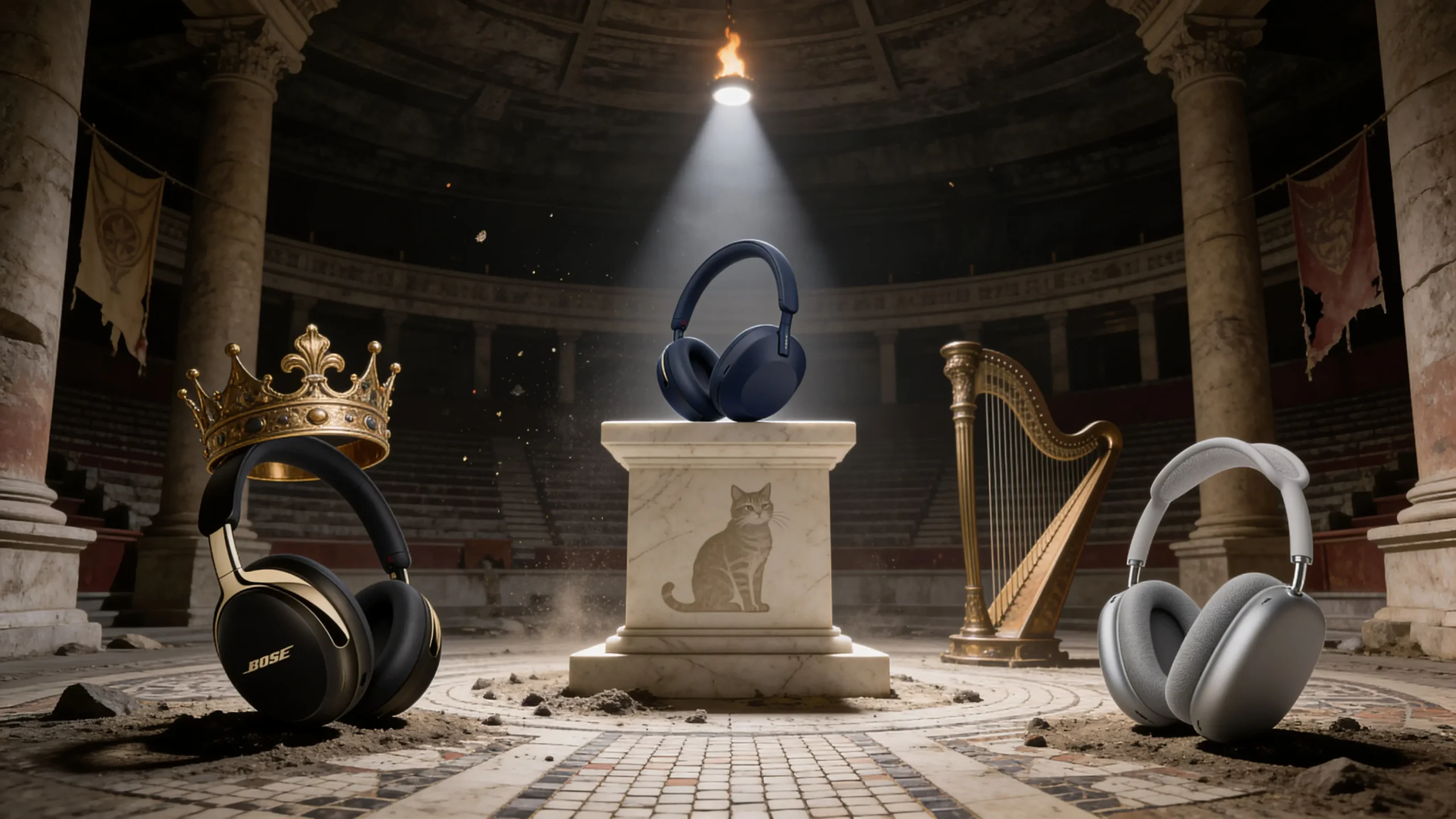 Chambre d'isolation romaine souterraine avec le casque Bose QuietComfort Ultra 2 sur un socle de pierre noire, microphones en bronze, ondes sonores figées en relief, silhouette de chat sibérien gravée.