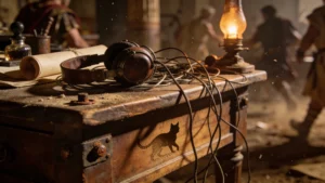 Chaotic Roman office scene with tangled cables and a headset.