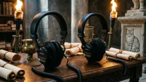 Un scriptorium romain avec des casques de monitoring et des instruments de musique, éclairé par des torches.