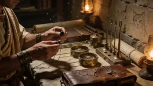 Ingénieur romain antique examinant des écouteurs IEM modernes mal scellés dans une scriptorium éclairée à la torche, comparant avec des instruments acoustiques anciens.