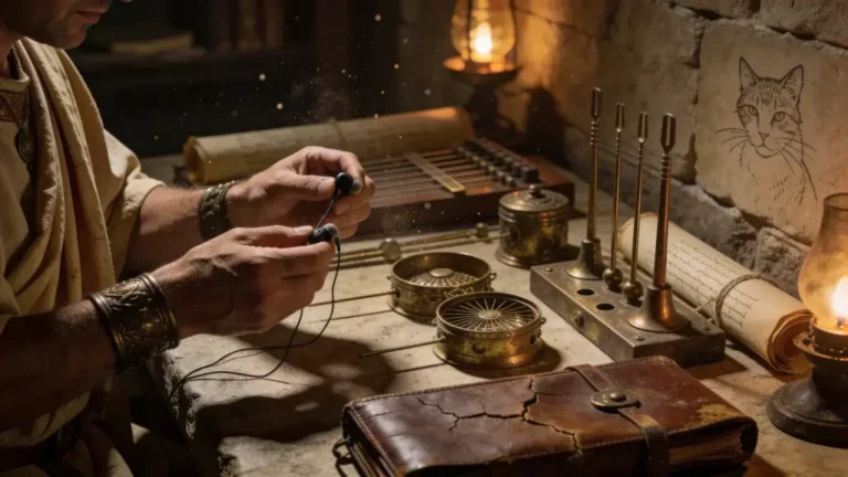 Ingénieur romain antique examinant des écouteurs IEM modernes mal scellés dans une scriptorium éclairée à la torche, comparant avec des instruments acoustiques anciens.