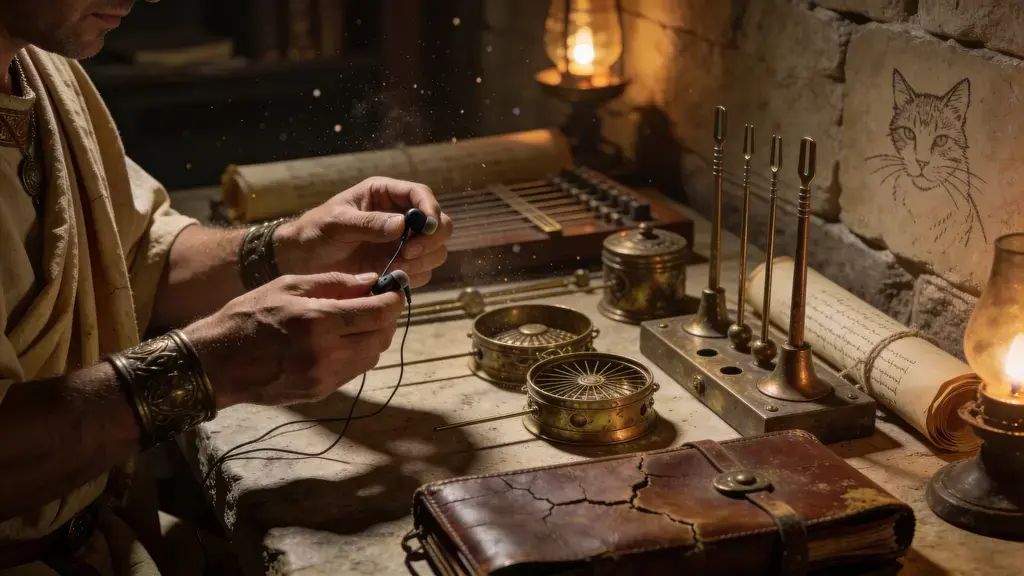 Ingénieur romain antique examinant des écouteurs IEM modernes mal scellés dans une scriptorium éclairée à la torche, comparant avec des instruments acoustiques anciens.
