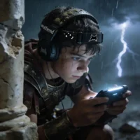 A raw, gritty 35mm film still from a high-budget historical Casque gaming mobile - Éclaireur Romain - Immersion sonore - Style Romano-Tech MeowChip