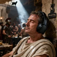 A raw, gritty 35mm film still from a high-budget historical Casque ANC Haute Résolution - Isolation phonique Rome Antique - Style Romano-Tech MeowChip