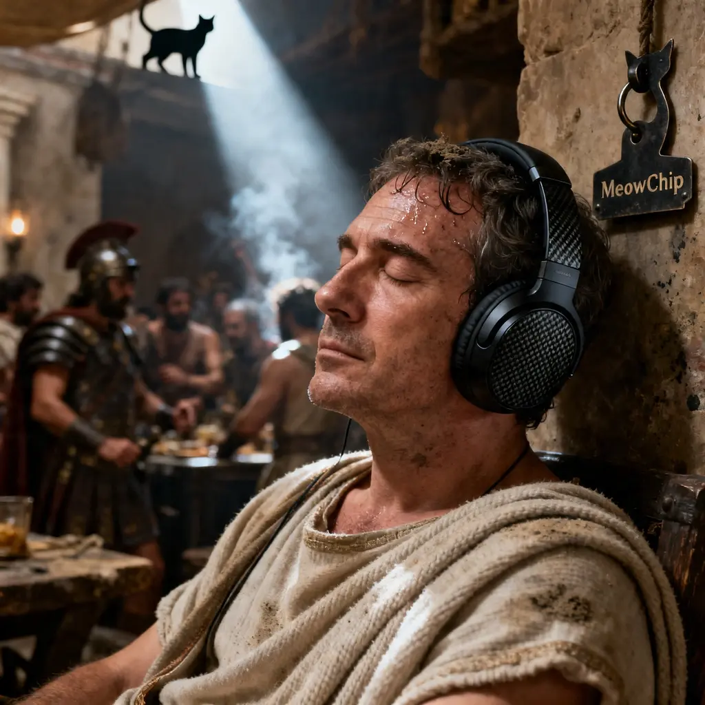 A raw, gritty 35mm film still from a high-budget historical Casque ANC Haute Résolution - Isolation phonique Rome Antique - Style Romano-Tech MeowChip