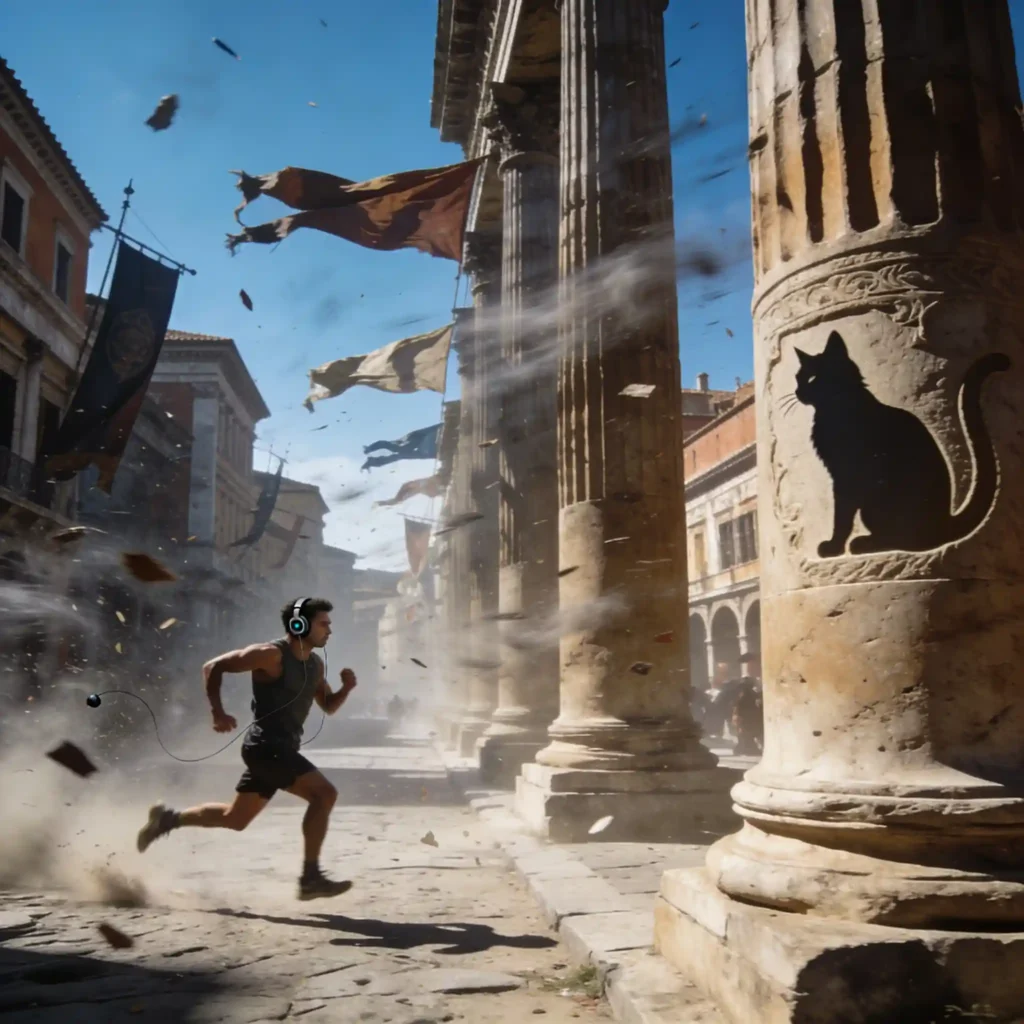 Quelle alternative jabra elite choisir pour le sport en 2026 ? 10 Coureur urbain romain dans rue ventée avec colonnes, écouteurs premium avec ANC adaptatif visibles, bannières claquant au vent, silhouette de chat gravée sur colonne.