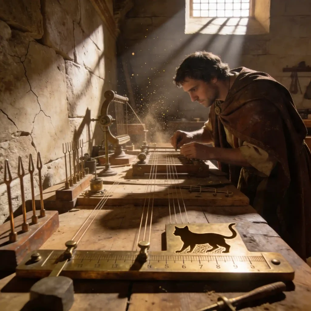Ingénieur romain dans un atelier acoustique testant des fréquences avec des diapasons et cordes de lyre, instruments de mesure en bronze, lumière rasante